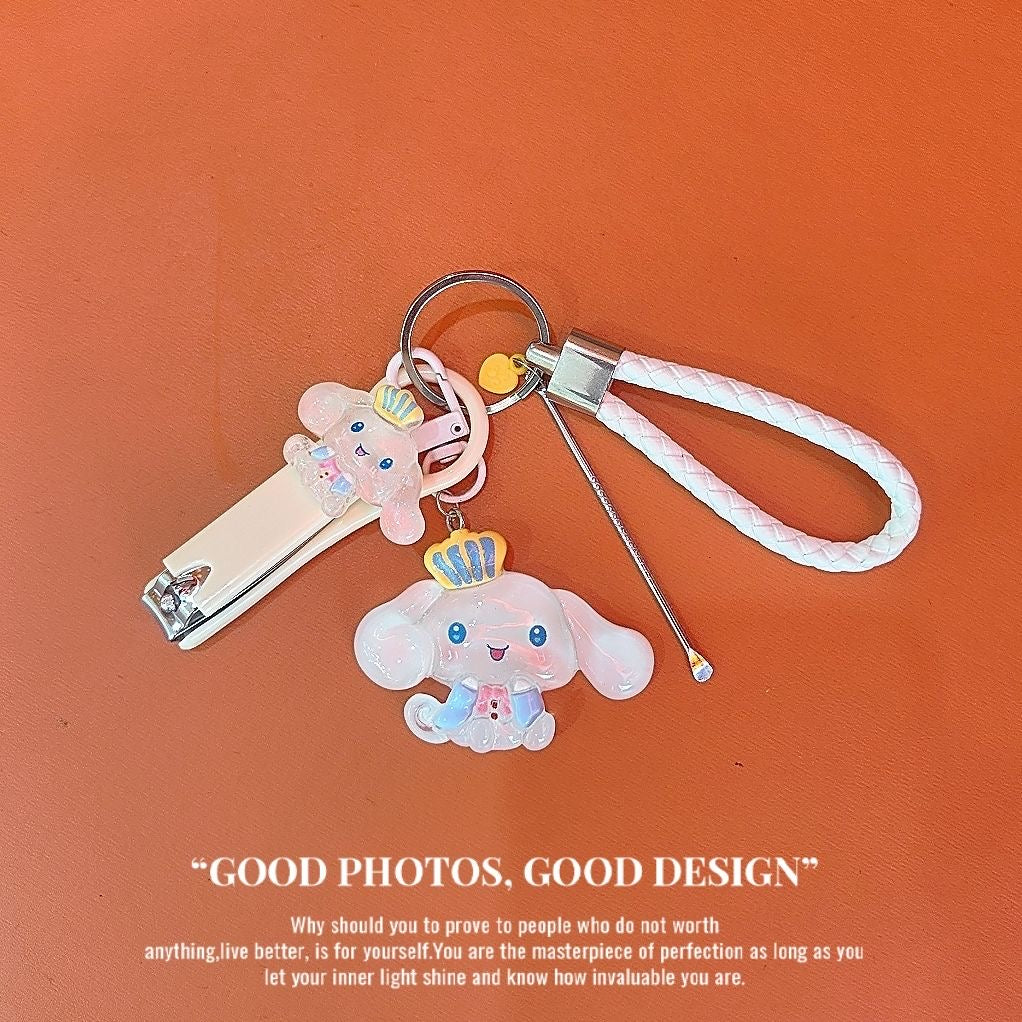Popular crown cinnamon keychain nail clipper best friend couple schoolbag pendant car key ear spoon set