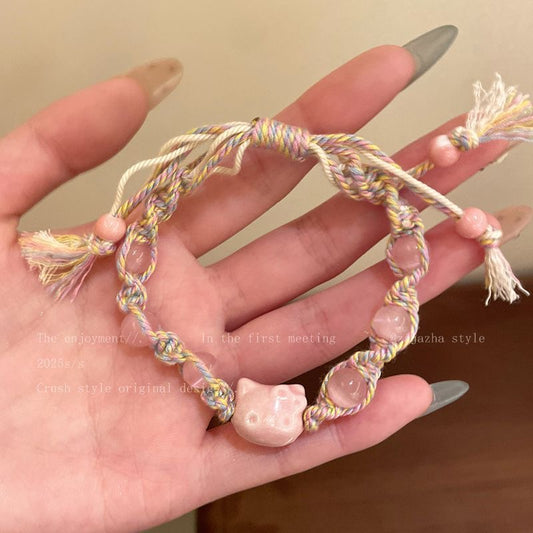 Cute ceramic kitten braided bracelet girls' fashion simple versatile new high-quality student party hand jewelry