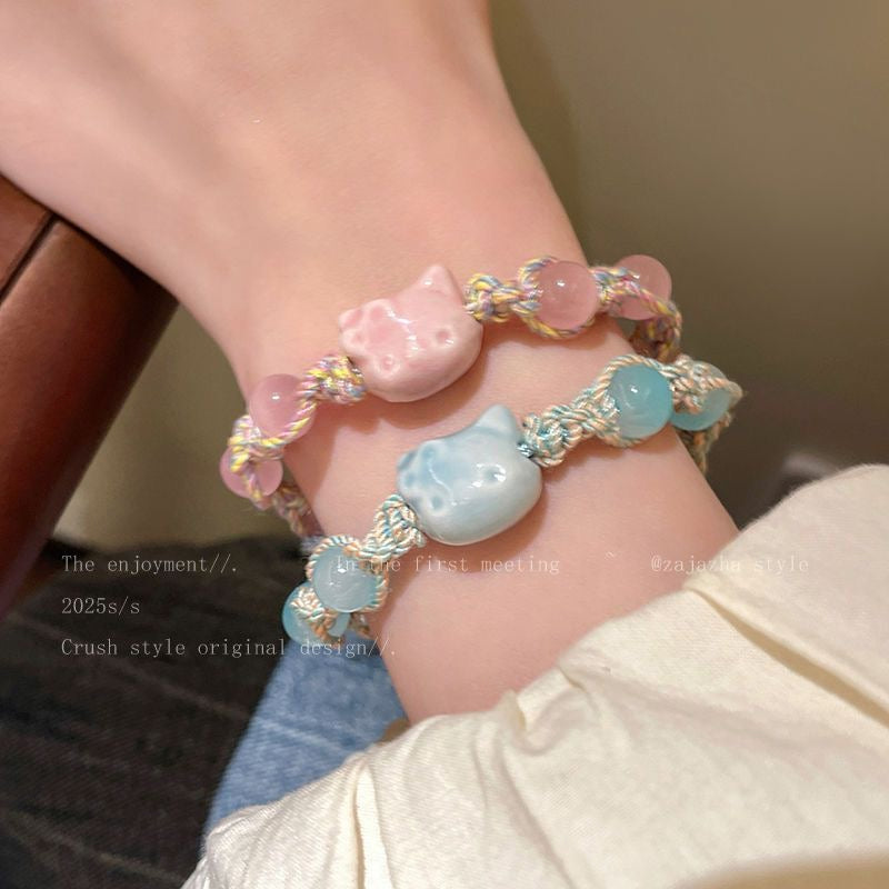 Cute ceramic kitten braided bracelet girls' fashion simple versatile new high-quality student party hand jewelry