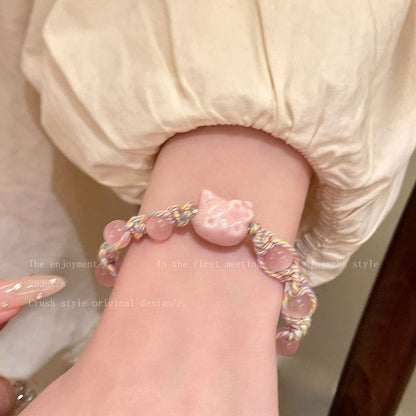 Cute ceramic kitten braided bracelet girls' fashion simple versatile new high-quality student party hand jewelry