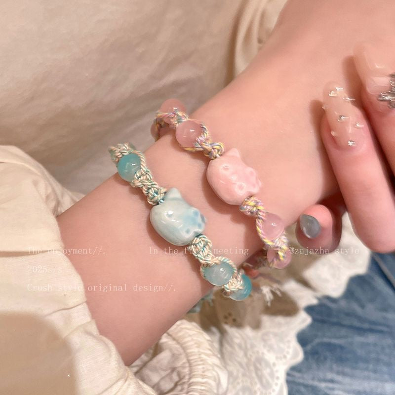 Cute ceramic kitten braided bracelet girls' fashion simple versatile new high-quality student party hand jewelry
