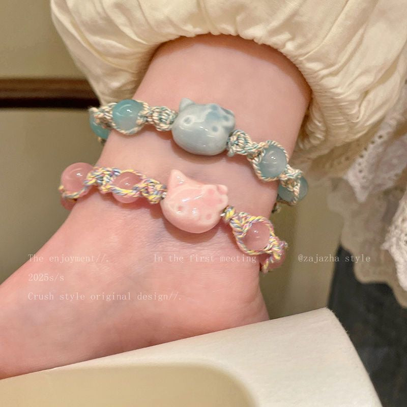Cute ceramic kitten braided bracelet girls' fashion simple versatile new high-quality student party hand jewelry