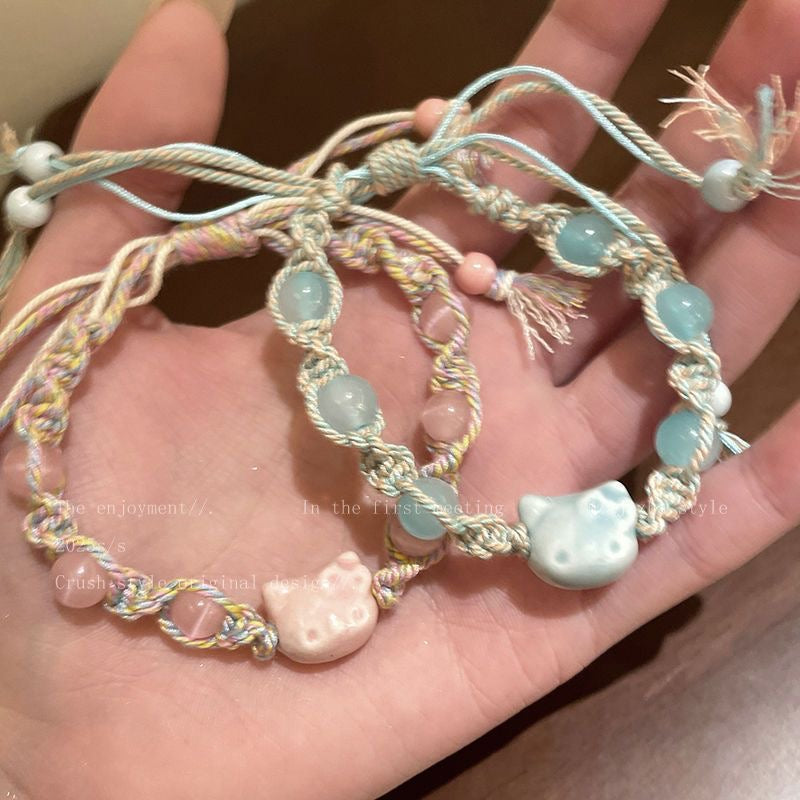 Cute ceramic kitten braided bracelet girls' fashion simple versatile new high-quality student party hand jewelry