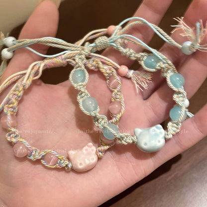 Cute ceramic kitten braided bracelet girls' fashion simple versatile new high-quality student party hand jewelry