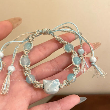 Cute ceramic kitten braided bracelet girls' fashion simple versatile new high-quality student party hand jewelry