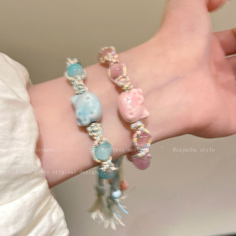 Cute ceramic kitten braided bracelet girls' fashion simple versatile new high-quality student party hand jewelry