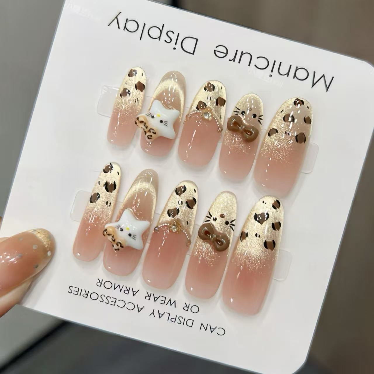 Melard Leopard Kitty Gentle French Bow Polk Dot Long White Temperament Cat's Eye Wearing Nail Art