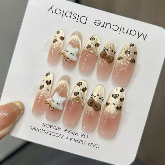 Melard Leopard Kitty Gentle French Bow Polk Dot Long White Temperament Cat's Eye Wearing Nail Art