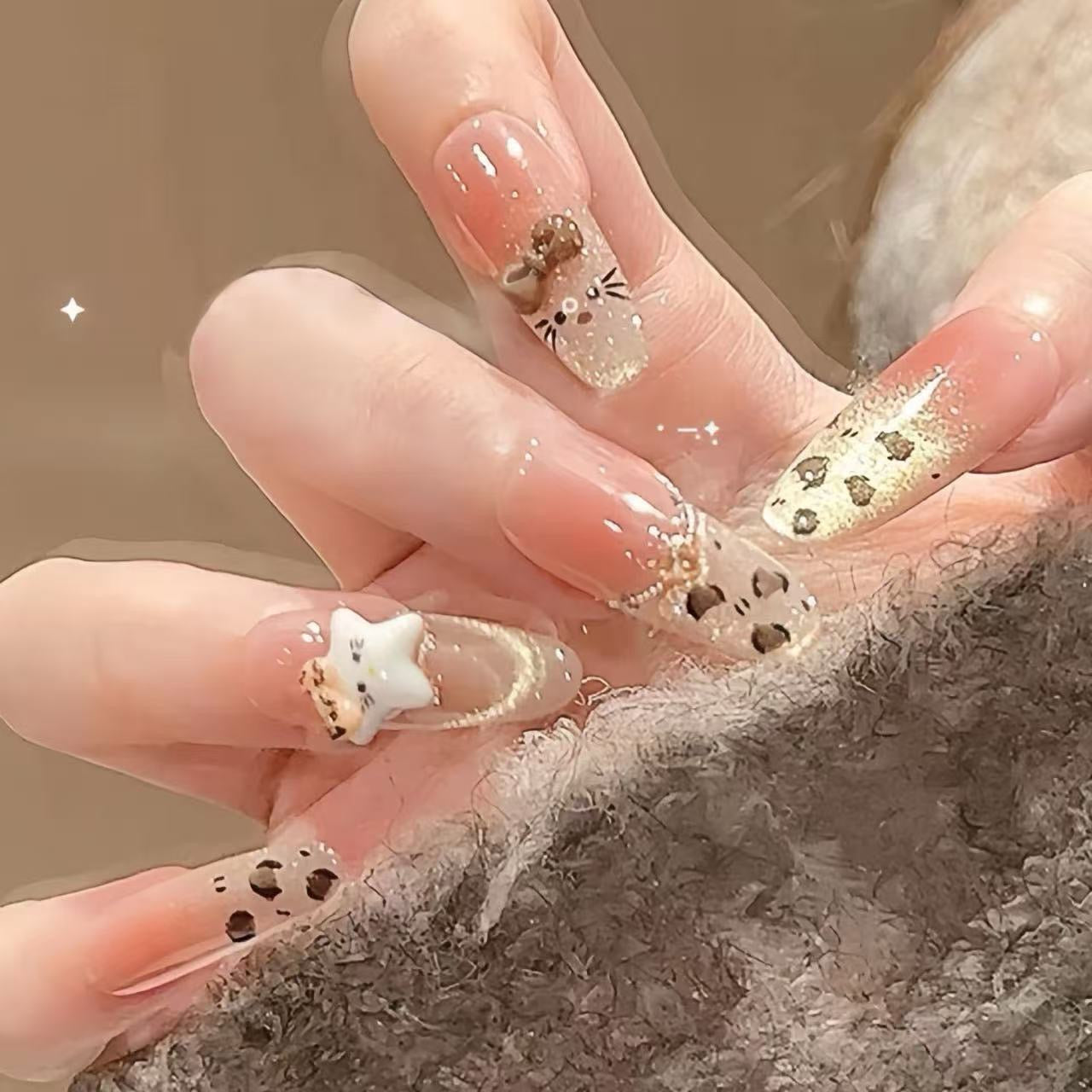 Melard Leopard Kitty Gentle French Bow Polk Dot Long White Temperament Cat's Eye Wearing Nail Art