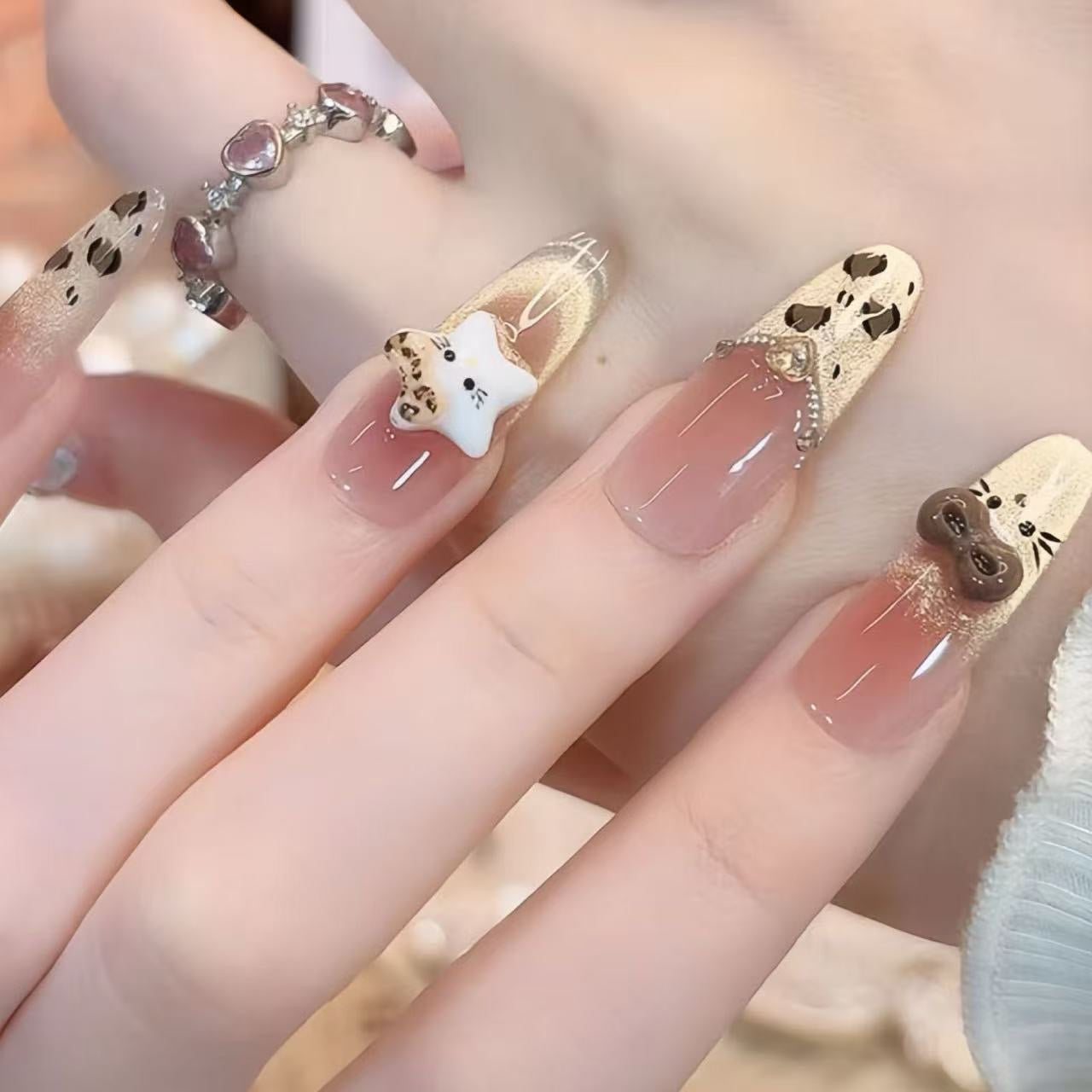 Melard Leopard Kitty Gentle French Bow Polk Dot Long White Temperament Cat's Eye Wearing Nail Art