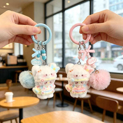 Soft Creamy Lolita Fluffy Kitty Keychain, Bow Pompom Beaded Hanging Pendant, Kawaii Girly Bag Accessory Gift