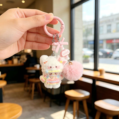 Soft Creamy Lolita Fluffy Kitty Keychain, Bow Pompom Beaded Hanging Pendant, Kawaii Girly Bag Accessory Gift