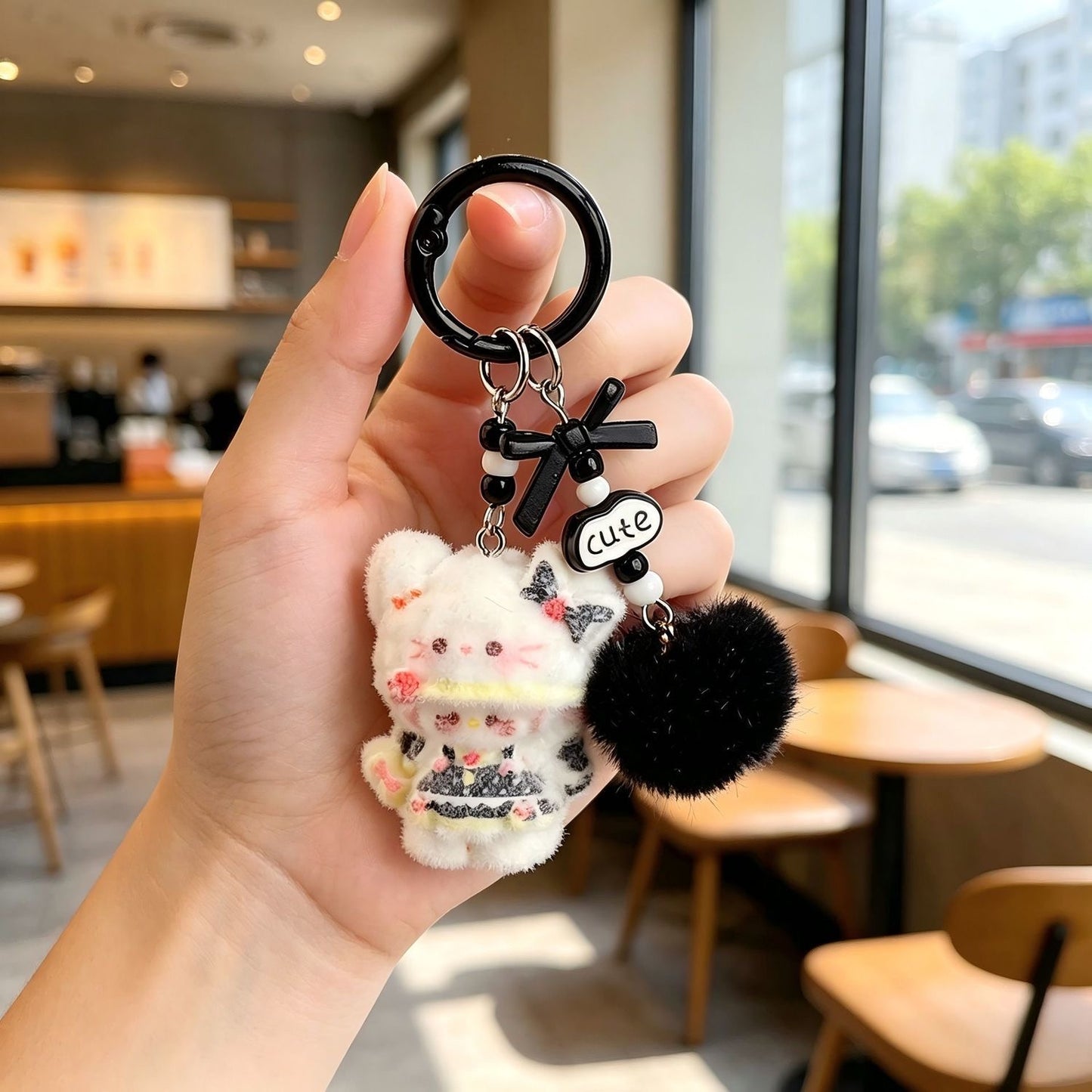 Soft Creamy Lolita Fluffy Kitty Keychain, Bow Pompom Beaded Hanging Pendant, Kawaii Girly Bag Accessory Gift