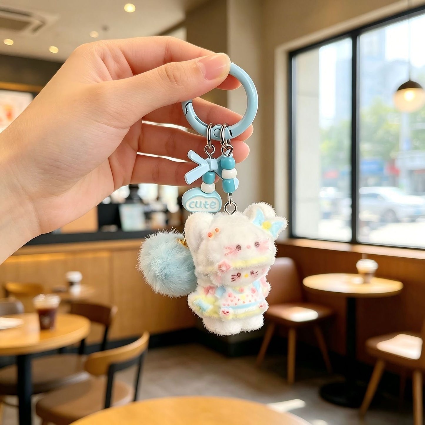 Soft Creamy Lolita Fluffy Kitty Keychain, Bow Pompom Beaded Hanging Pendant, Kawaii Girly Bag Accessory Gift