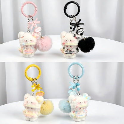 Soft Creamy Lolita Fluffy Kitty Keychain, Bow Pompom Beaded Hanging Pendant, Kawaii Girly Bag Accessory Gift