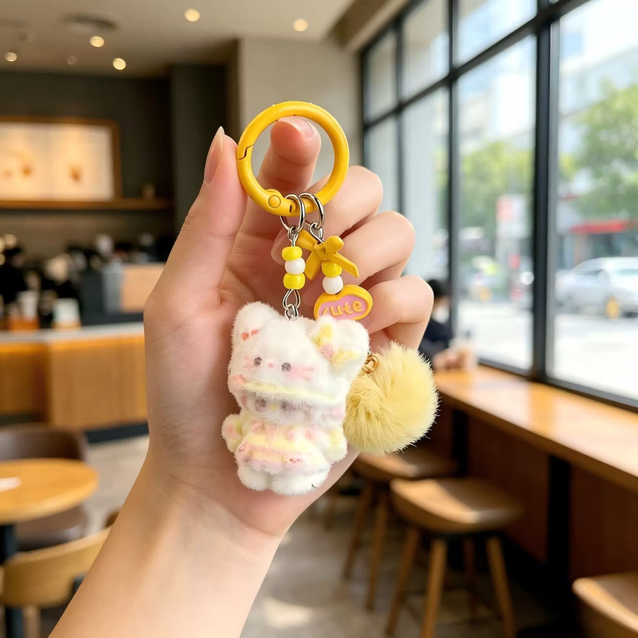Soft Creamy Lolita Fluffy Kitty Keychain, Bow Pompom Beaded Hanging Pendant, Kawaii Girly Bag Accessory Gift