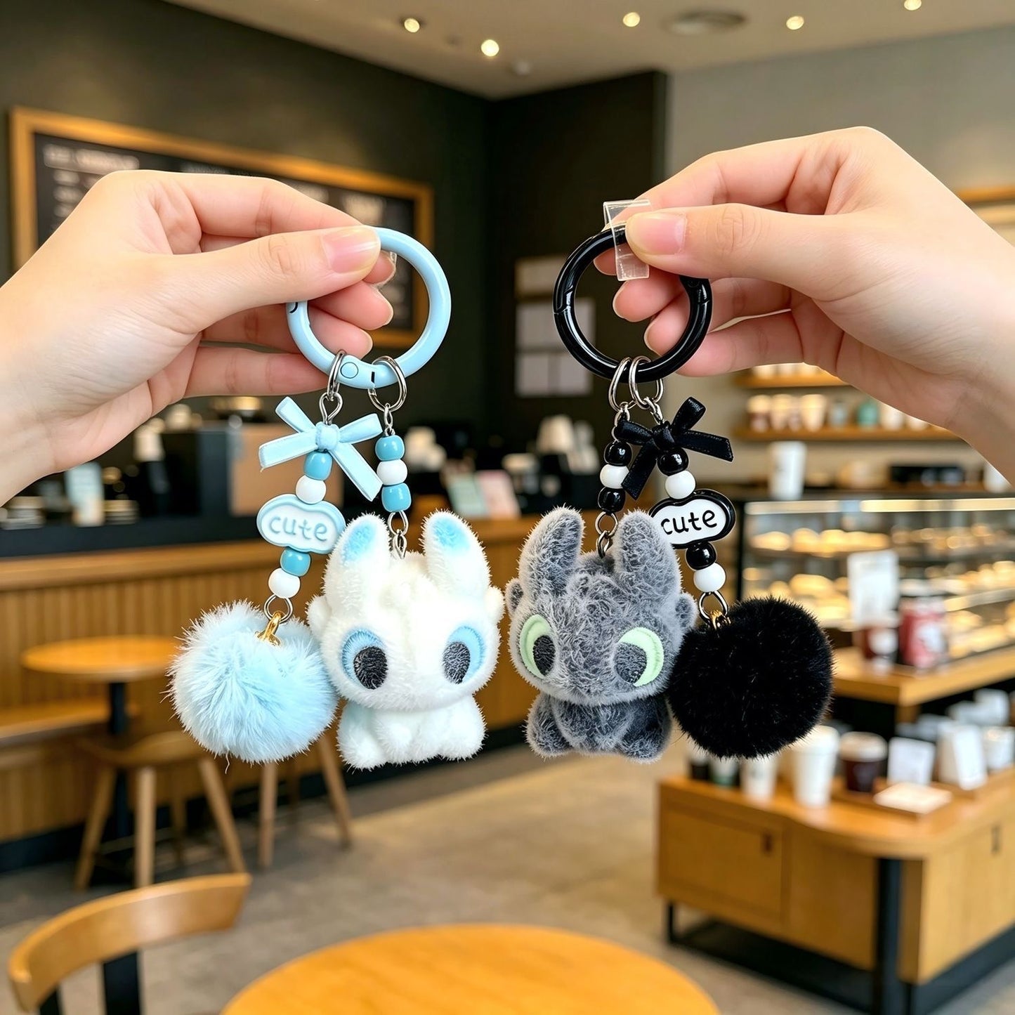 Cute Pom Pom Bow Couple Phone Lanyard, Toothless Light Fury Pendant, Creative Small Gift for Fans of How To Train Your Dragon