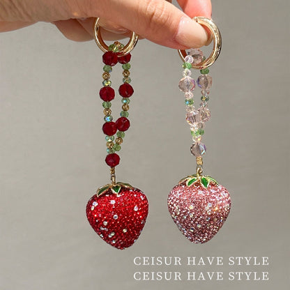 Bling Full Rhinestone Pink Strawberry Pendant Phone Lanyard, Unique Exquisite Sweet Keychain Gift for Girls