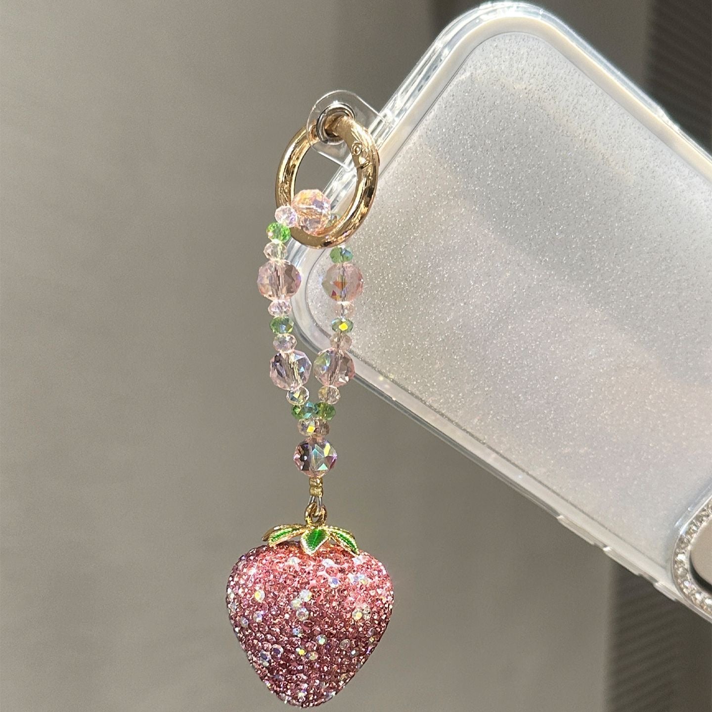 Bling Full Rhinestone Pink Strawberry Pendant Phone Lanyard, Unique Exquisite Sweet Keychain Gift for Girls