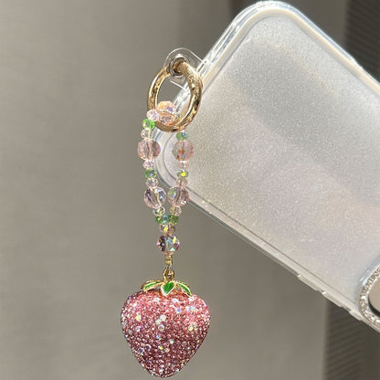 Bling Full Rhinestone Pink Strawberry Pendant Phone Lanyard, Unique Exquisite Sweet Keychain Gift for Girls