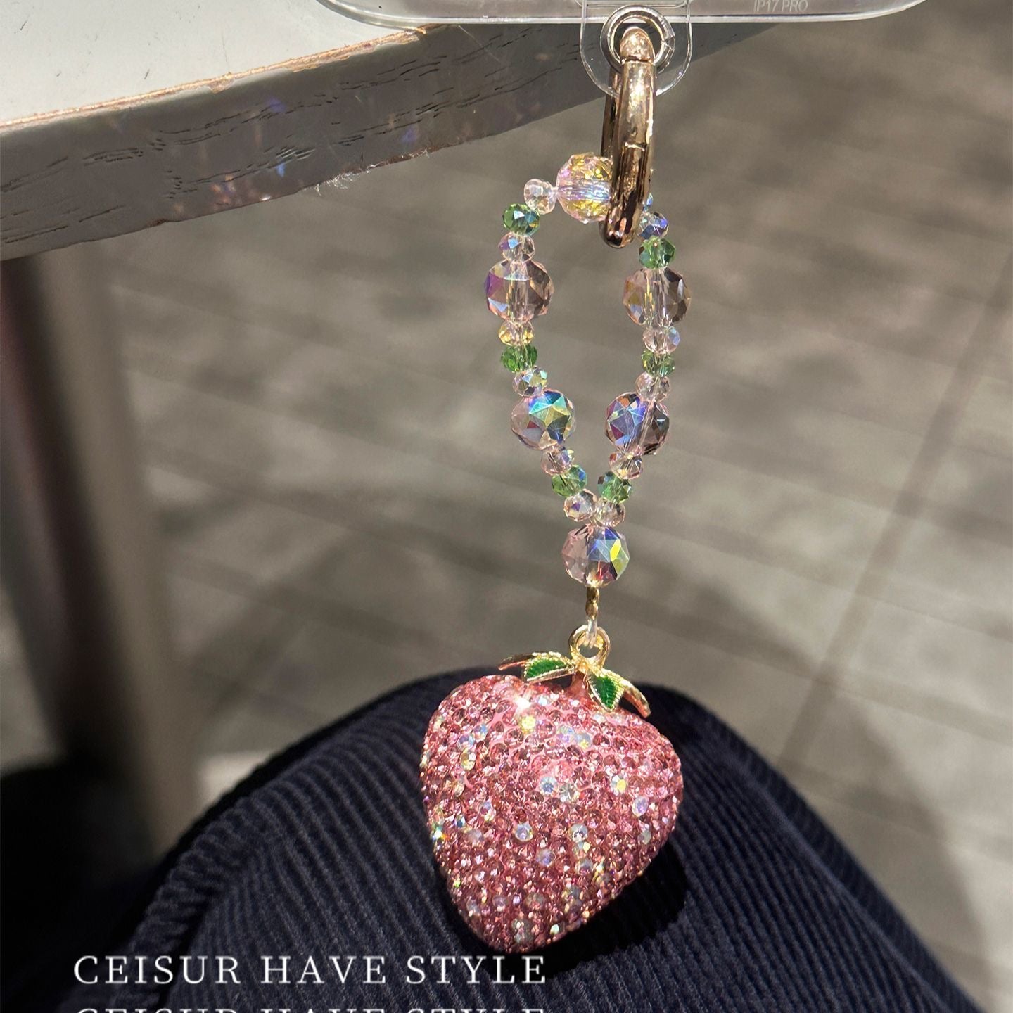 Bling Full Rhinestone Pink Strawberry Pendant Phone Lanyard, Unique Exquisite Sweet Keychain Gift for Girls