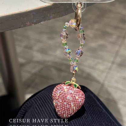 Bling Full Rhinestone Pink Strawberry Pendant Phone Lanyard, Unique Exquisite Sweet Keychain Gift for Girls