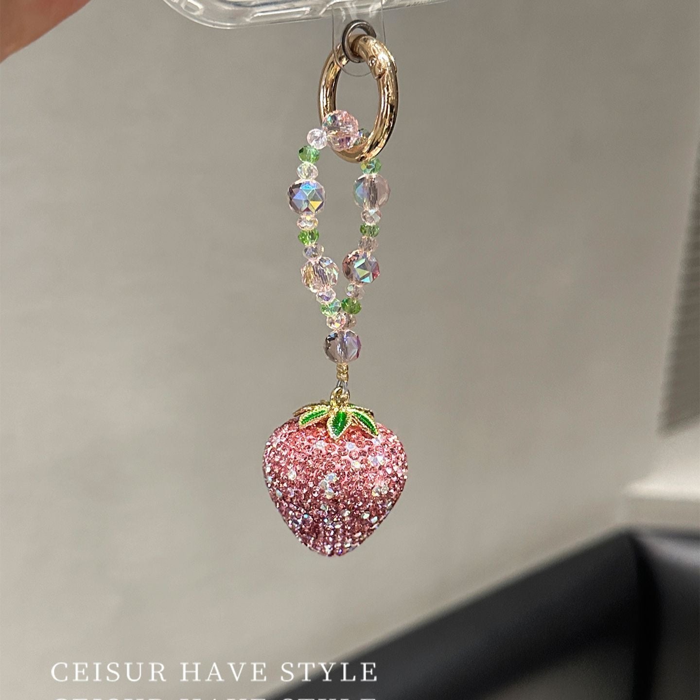 Bling Full Rhinestone Pink Strawberry Pendant Phone Lanyard, Unique Exquisite Sweet Keychain Gift for Girls