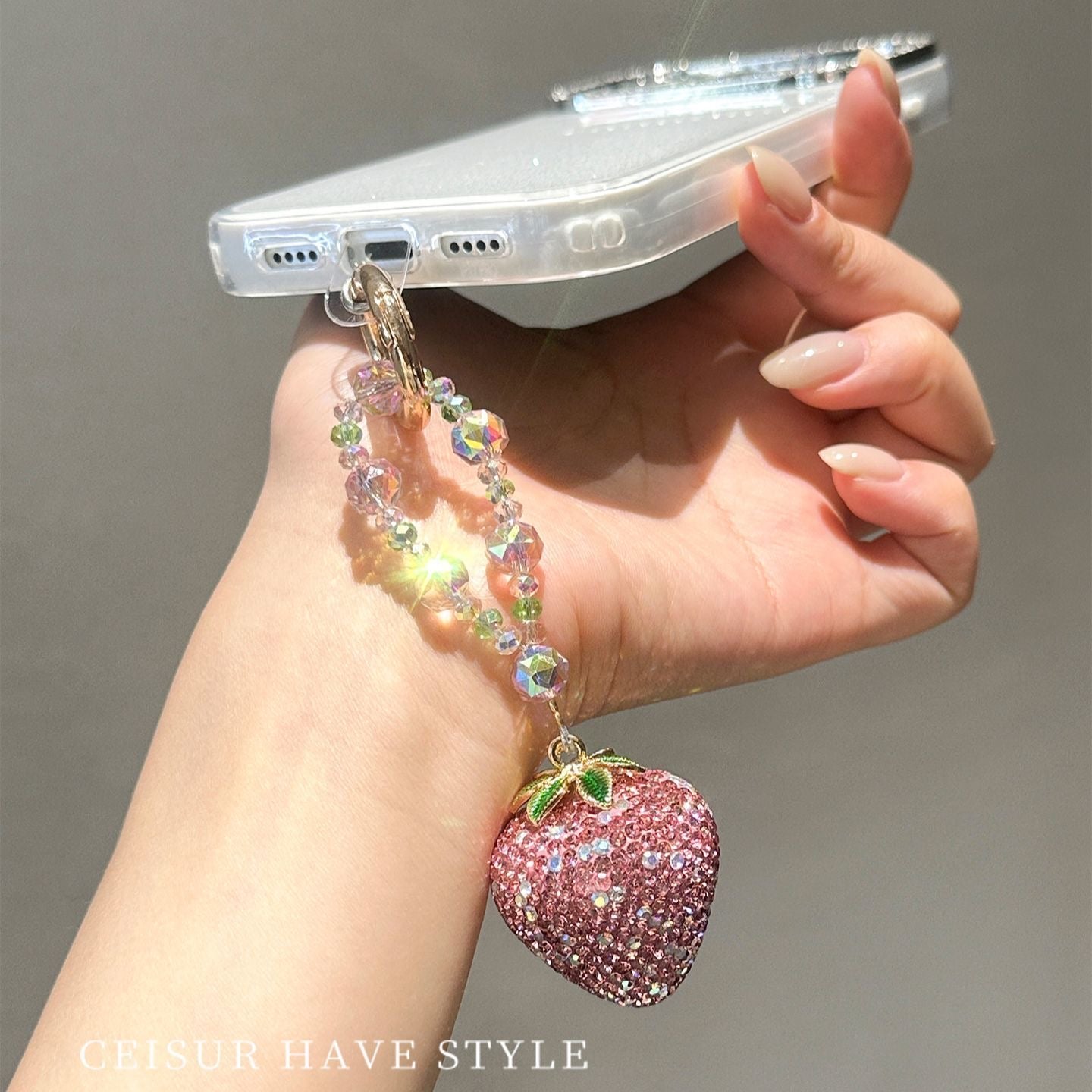 Bling Full Rhinestone Pink Strawberry Pendant Phone Lanyard, Unique Exquisite Sweet Keychain Gift for Girls