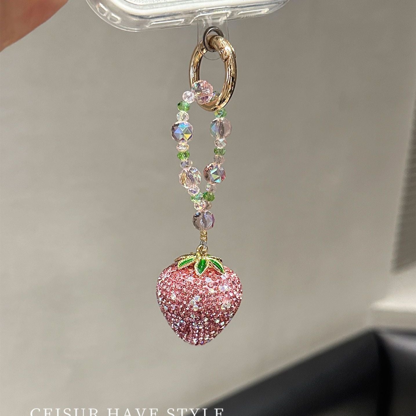 Bling Full Rhinestone Pink Strawberry Pendant Phone Lanyard, Unique Exquisite Sweet Keychain Gift for Girls