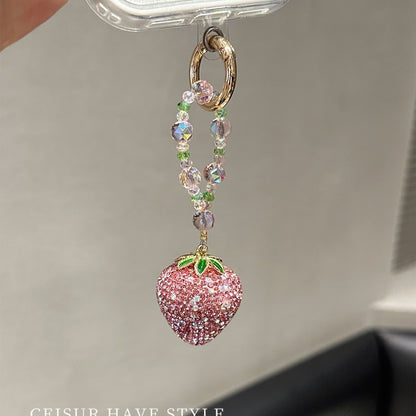 Bling Full Rhinestone Pink Strawberry Pendant Phone Lanyard, Unique Exquisite Sweet Keychain Gift for Girls