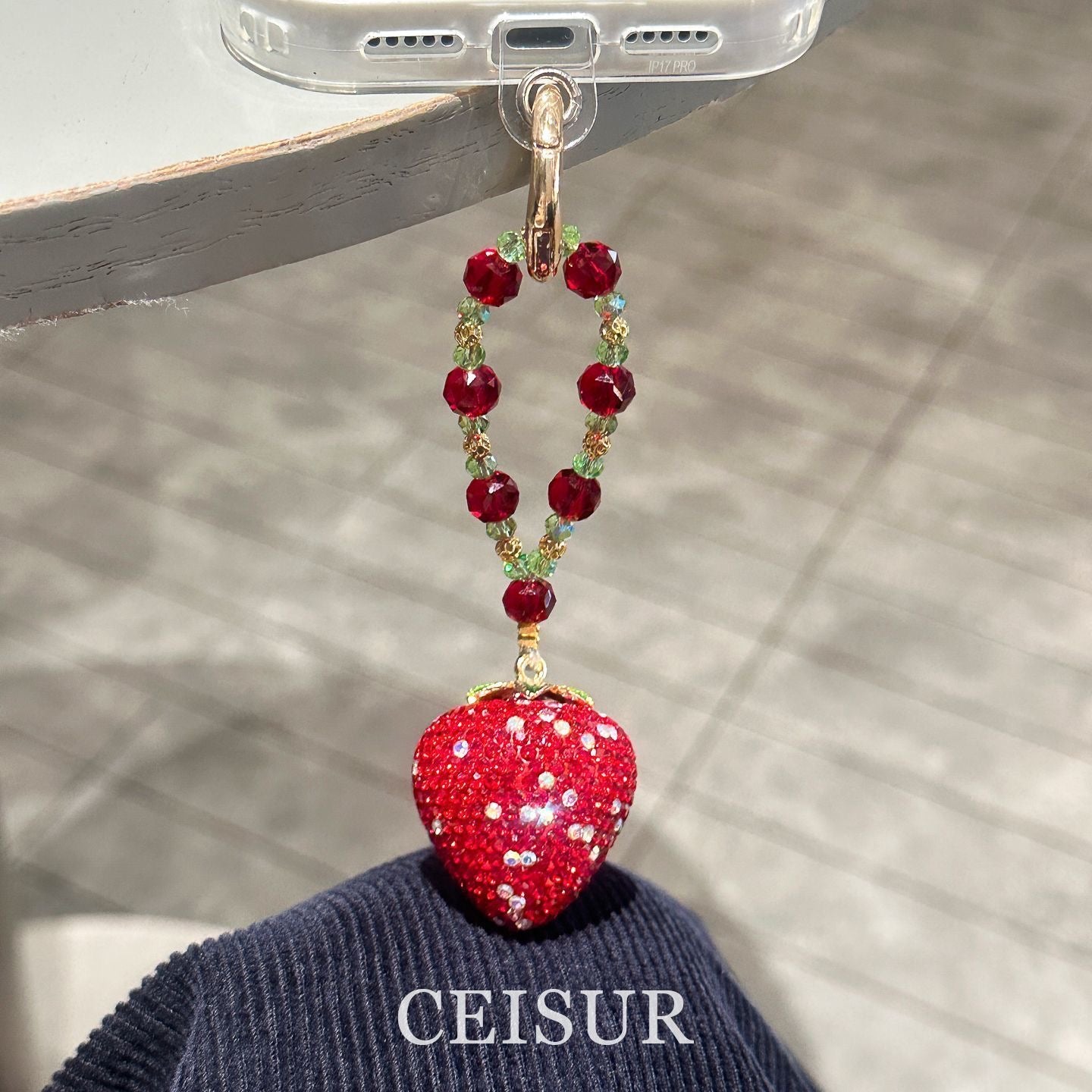 Bling Full Rhinestone Pink Strawberry Pendant Phone Lanyard, Unique Exquisite Sweet Keychain Gift for Girls