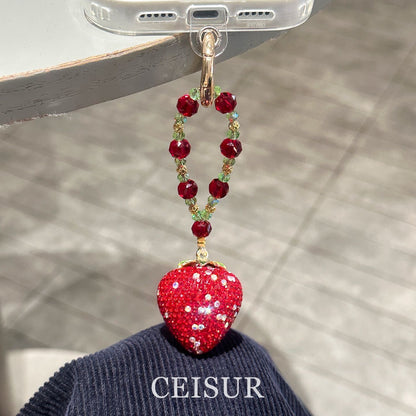 Bling Full Rhinestone Pink Strawberry Pendant Phone Lanyard, Unique Exquisite Sweet Keychain Gift for Girls