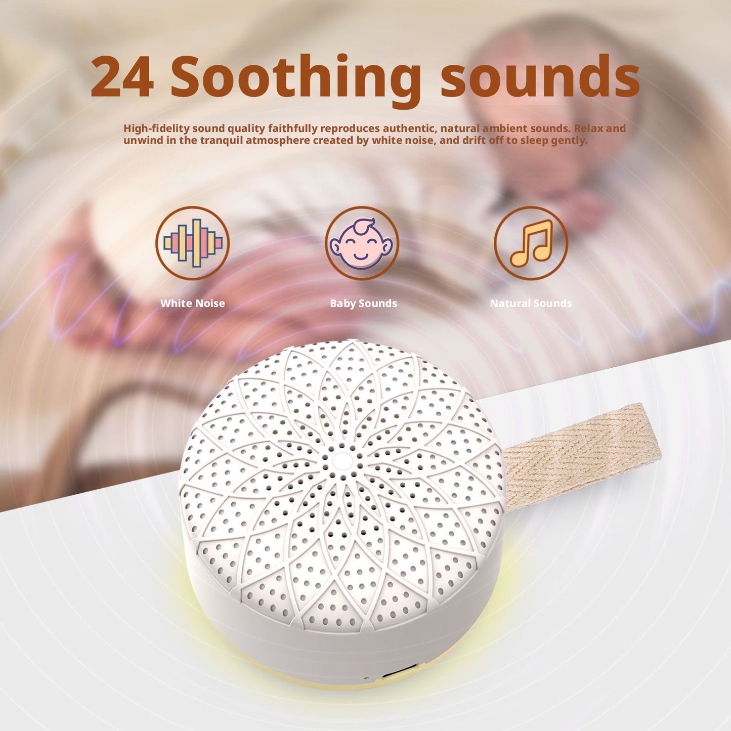 Baby White Noise Machine, 24 Soothing Sounds Portable Sleep Soother for Kids, Rechargeable Nursery Sound Machine with Lullabies, Travel Sleep Aid for Newborns