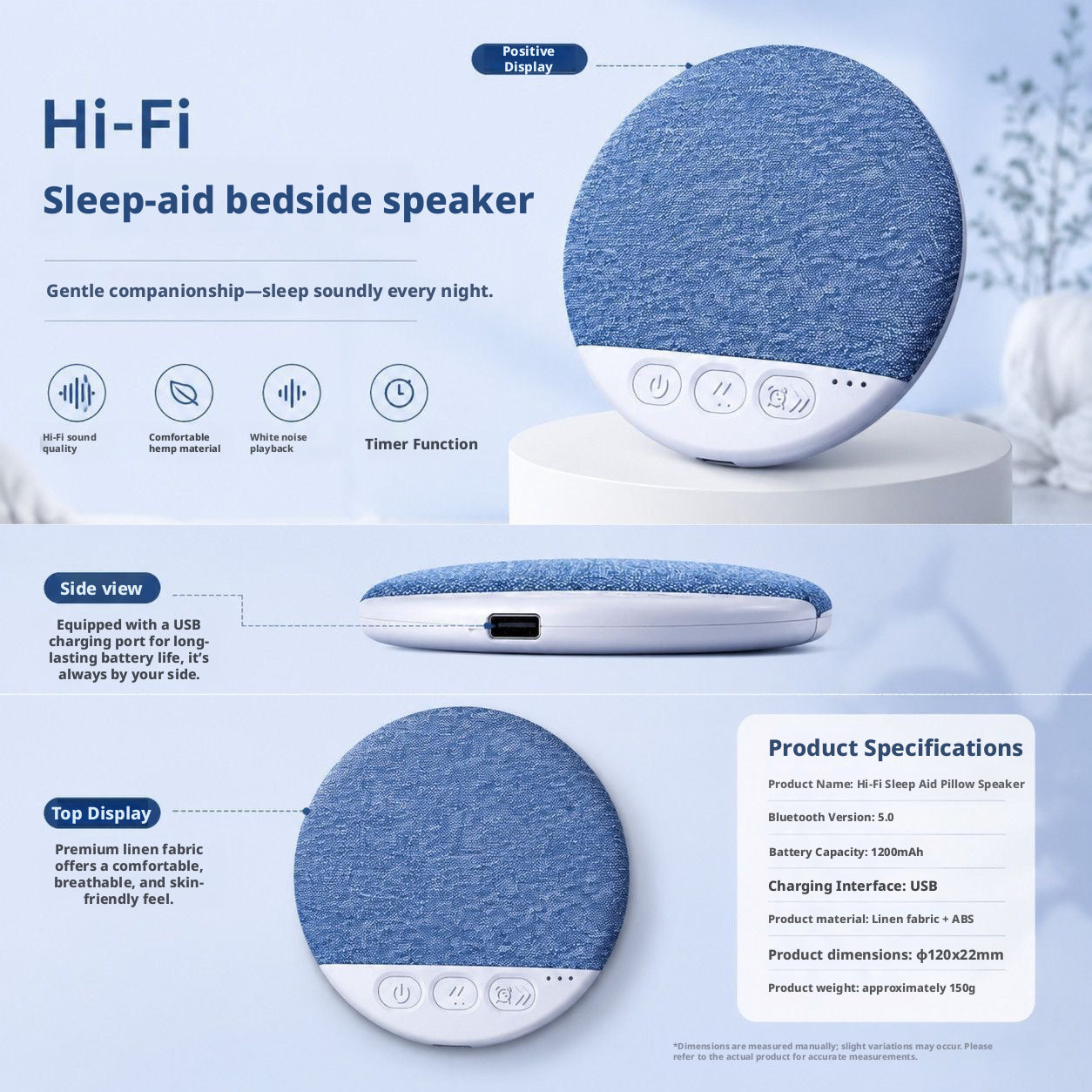 Ultra Thin Under Pillow Bluetooth Speaker, Wireless Sleep Sound Device, Portable White Noise & Music Speaker for Side Sleepers, Insomnia Relief Bedside Audio for Bedroom Travel Dorm
