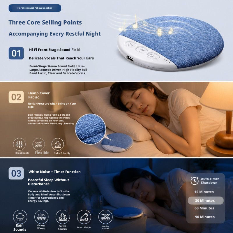 Ultra Thin Under Pillow Bluetooth Speaker, Wireless Sleep Sound Device, Portable White Noise & Music Speaker for Side Sleepers, Insomnia Relief Bedside Audio for Bedroom Travel Dorm